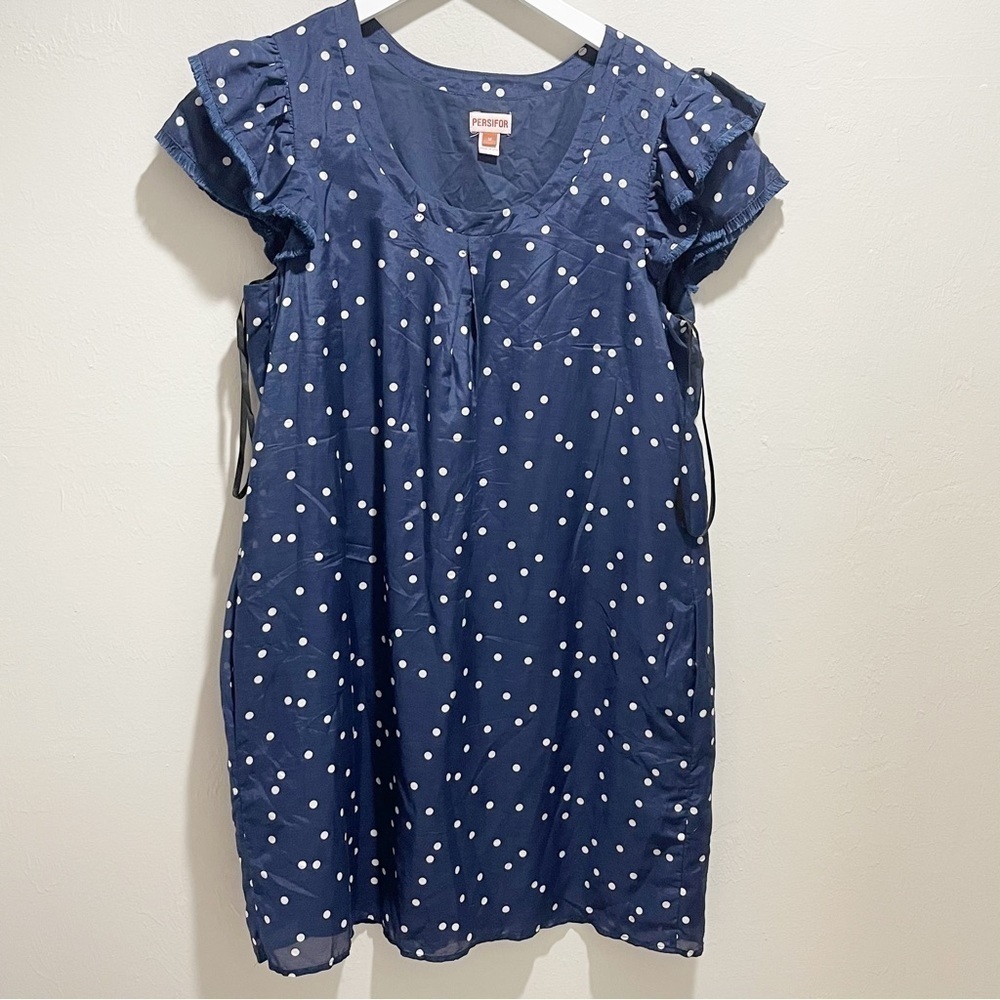 PERSIFOR Women’s Blue Polka Dot CLARE Flutter Sleeve Dress Silk Blend USA Size M